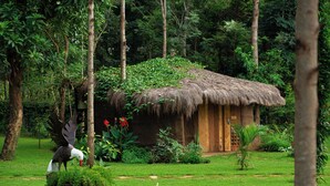 A thatched-roof hut surrounded by lush greenery and a bird. - Mtoni river Lodge (Arusha)