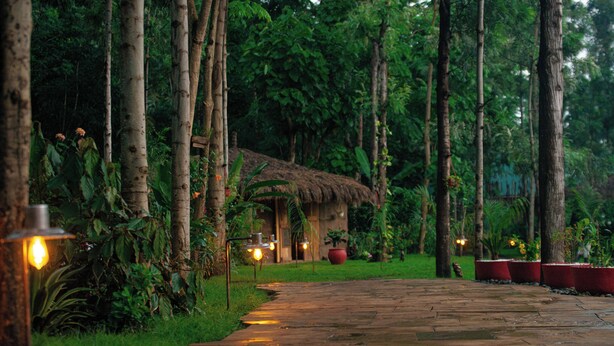 A pathway leading to a thatched-roof structure surrounded by lush greenery and potted plants. - Mtoni river Lodge (Arusha)