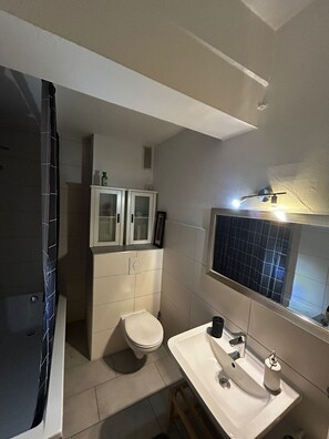 Hair dryer, towels, soap, toilet paper