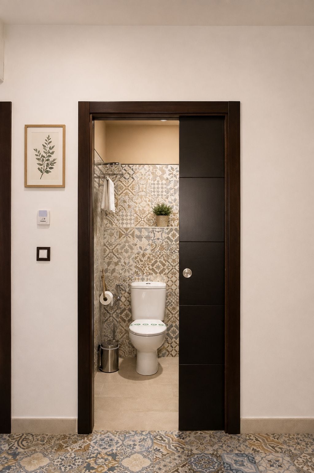 Un baño con inodoro, un cubo de basura, toallero y una planta en maceta.