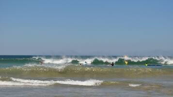 Uma praia com surfistas e ondas.