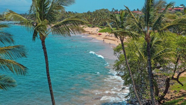A beach with clear turquoise water, palm trees, and a distant shoreline with buildings. - Ocean view condo near Kamaole Beach with pool and lanai summer deals (Kihei)