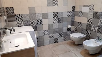 Shower, hair dryer, bidet, towels