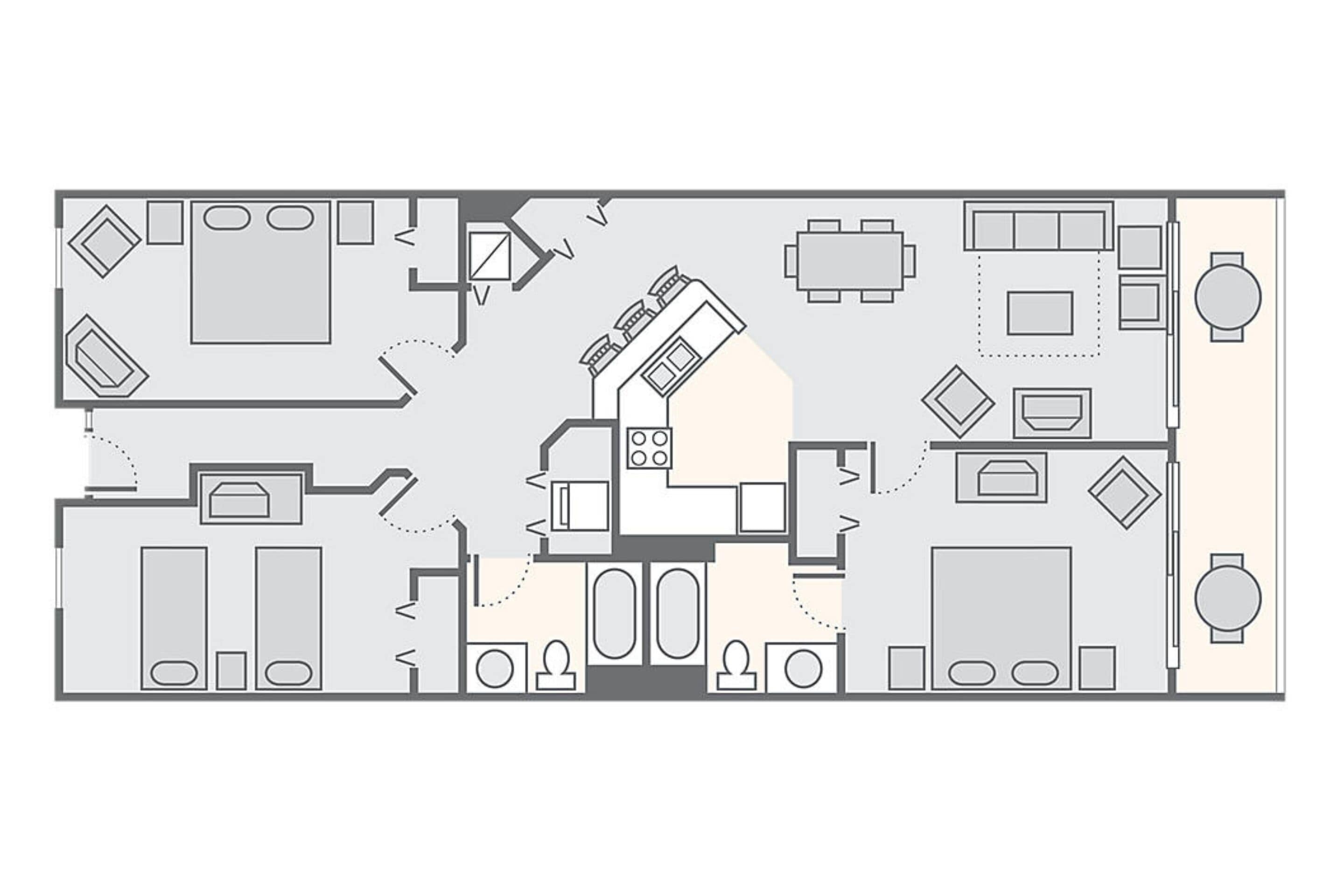 A hotel floor plan with multiple rooms, a central hallway, and a dining area.