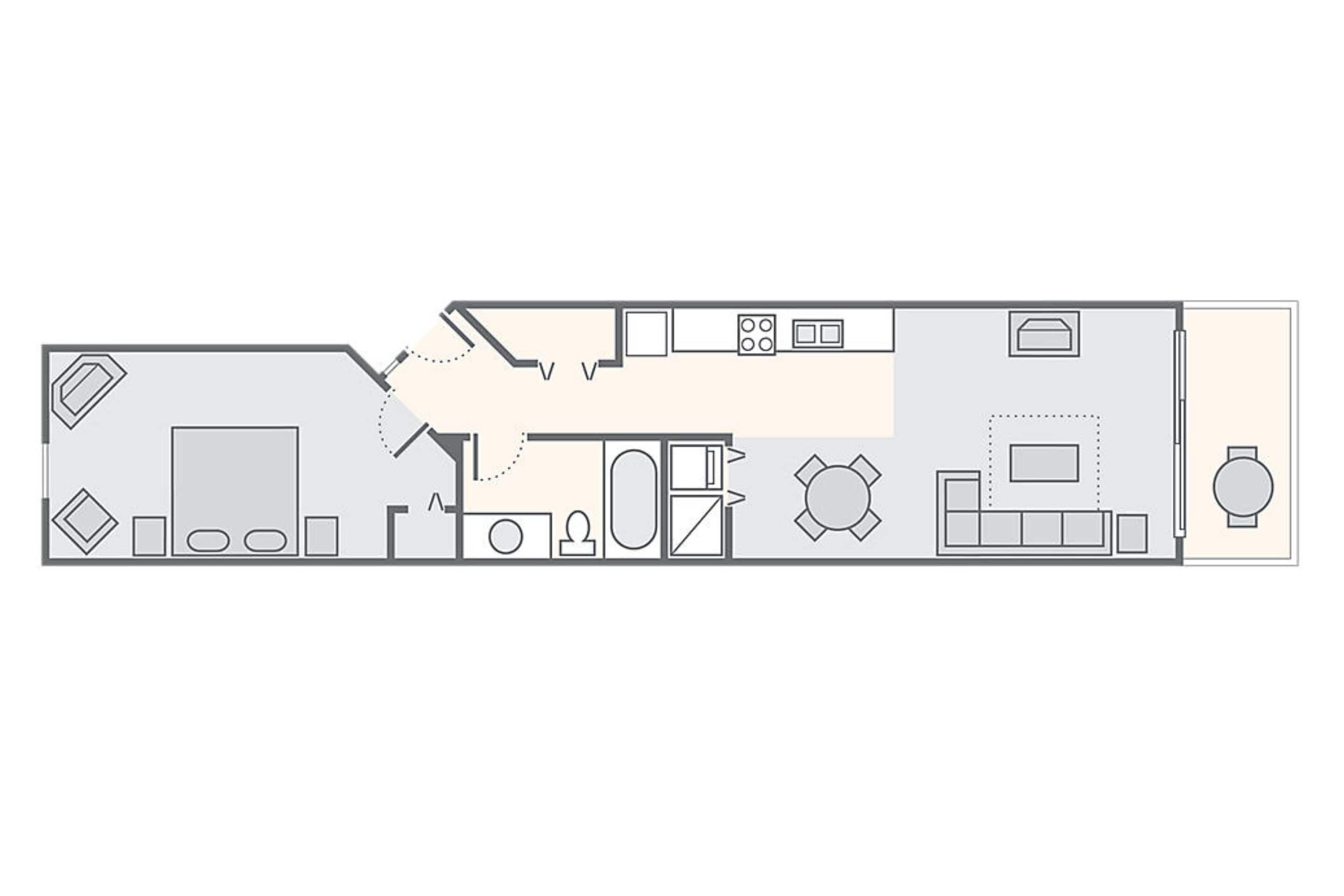 A floor plan with a kitchen, dining area, and living room.