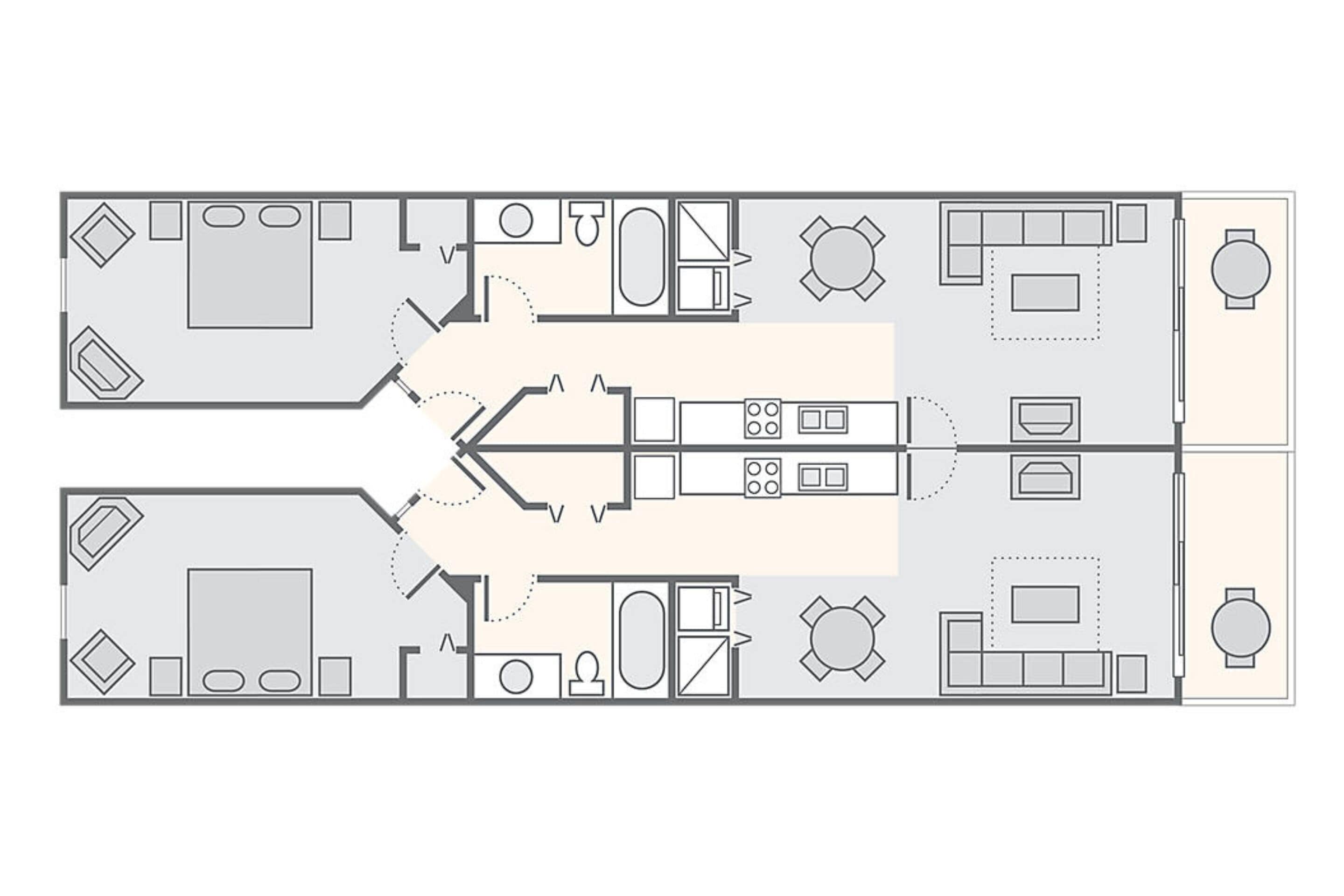 A floor plan of a hotel with multiple rooms, a central hallway, and a dining area.