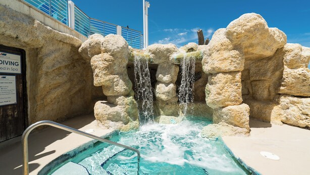 A pool area with a waterfall feature, a diving sign, and a lifeguard stand.