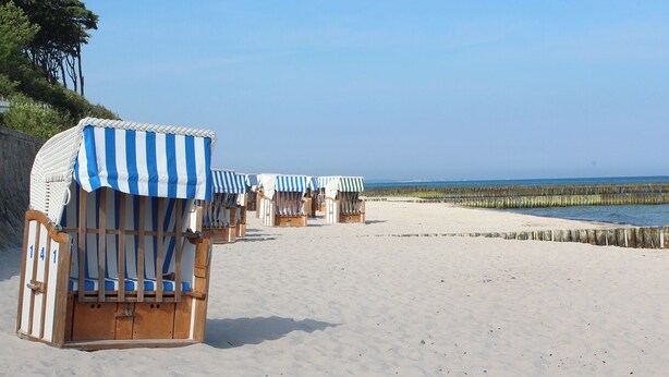A beach with rows of striped beach chairs and umbrellas, a sandy shore, and a wooden barrier separating the beach from the water.
