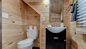 A compact wooden cabin bathroom with a white toilet, a black sink, and a mirror above it.