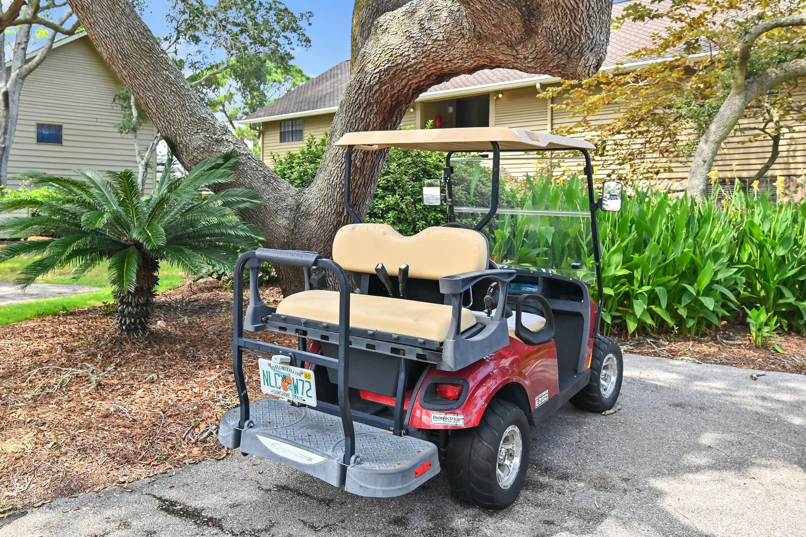 Un golf cart parcheggiato su un vialetto, con un grande albero e una casa sullo sfondo.