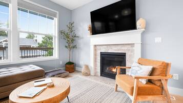 Smart TV, fireplace, books