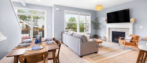 Smart TV, fireplace, books