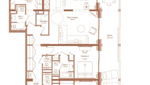 A floor plan of a hotel with three bedrooms, a kitchen, a dining area, and a balcony.