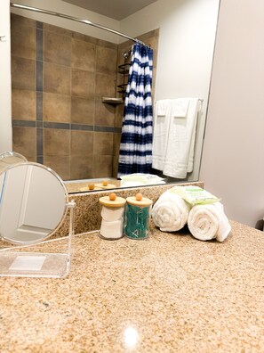 Shower, hair dryer, towels, soap - Downtown Gem: 2 bedroom apartment  (Denver)