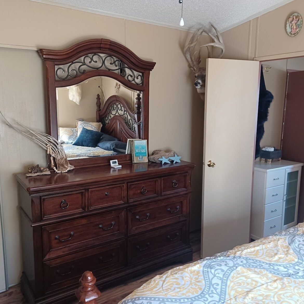 A bedroom with a wooden dresser, a bed with patterned bedding, a mirror, and a deer head decoration.