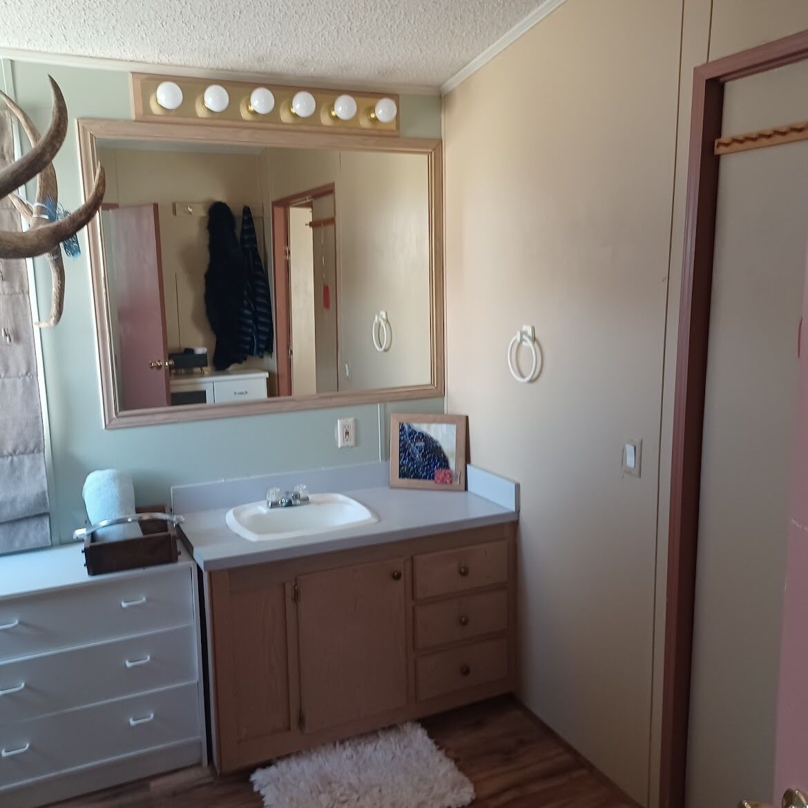 A bathroom with a large mirror, a sink, a vanity with drawers, and a fluffy rug on the floor.