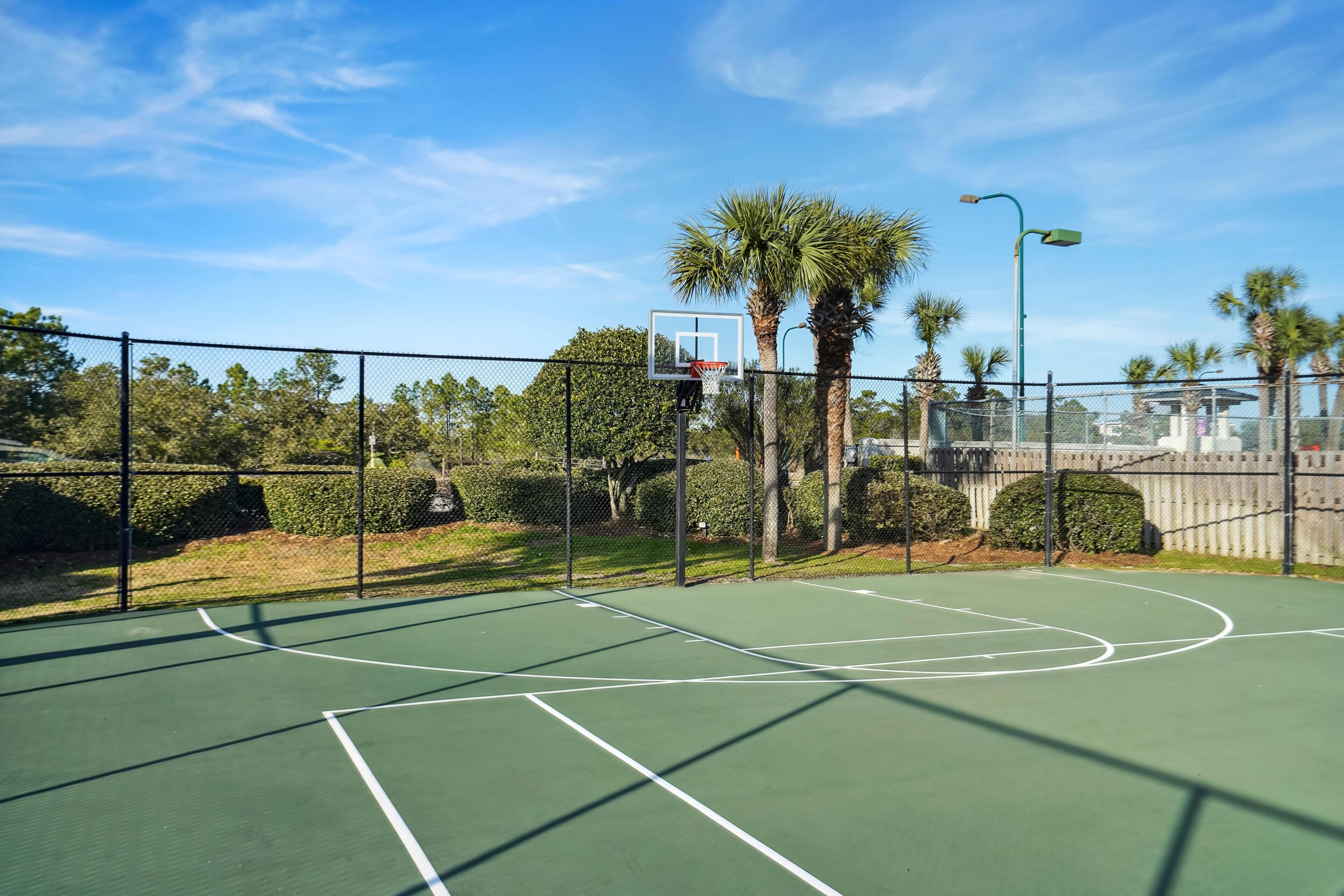 An outdoor basketball court with a chain-link fence, a basketball hoop, and palm trees in the background.