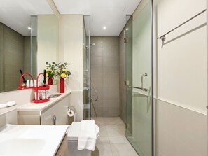 Hair dryer, towels, soap, toilet paper