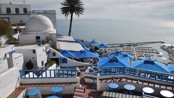 A seaside terrace with outdoor seating, a palm tree, and a view of the sea and boats.