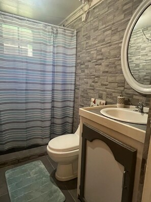 Shower, towels, soap, toilet paper