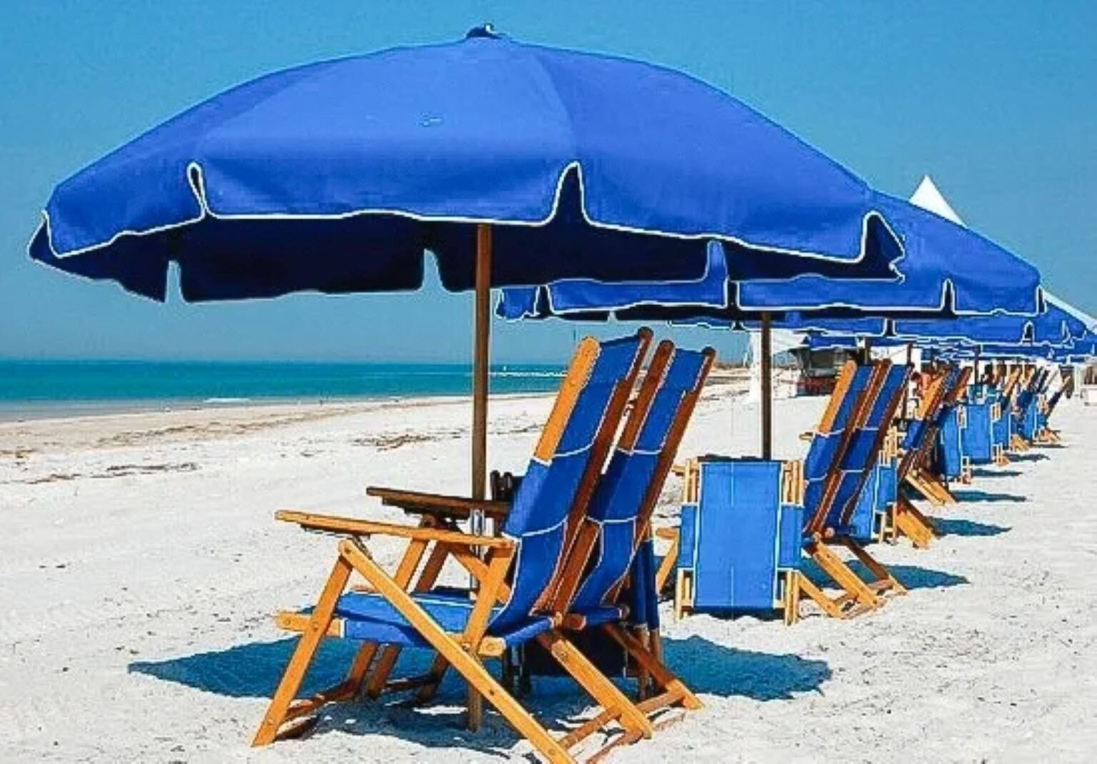 A beach with rows of blue beach chairs and umbrellas.
