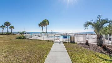 A pathway leading to a fenced pool area with palm trees and a clear view of the ocean.