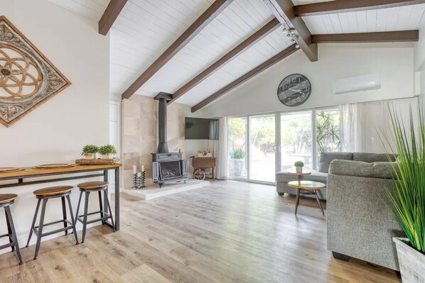 Smart TV, chimenea, libros