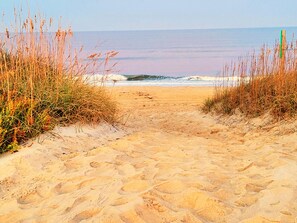 A sandy beach path leading to the ocean with tall grasses on either side. - Ocean View Oasis: Heated Pool, Hot Tub, Games in Kill Devil Hills (Kill Devil Hills)