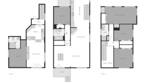 Three floor plans of a hotel with a family room, kitchen, dining area, bedrooms, bathroom, and a porch.