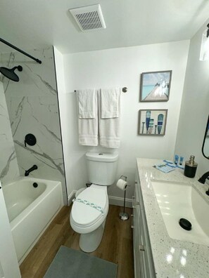 Hair dryer, towels, soap, shampoo