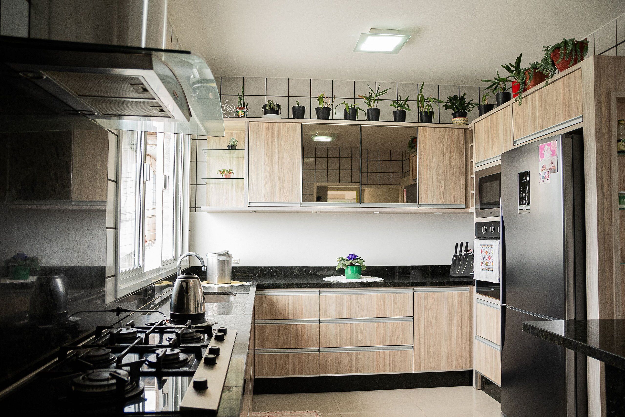 A modern kitchen with a gas stove, stainless steel appliances, wooden cabinets, and potted plants on the countertop.