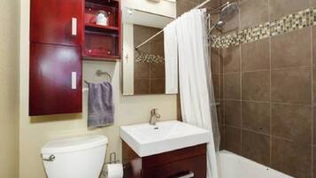 Hair dryer, towels, soap, toilet paper