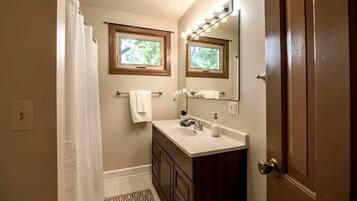 Hair dryer, towels, soap, toilet paper