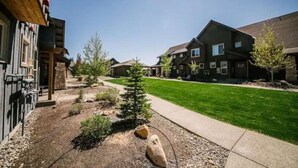 A residential area with houses, a well-maintained lawn, and a clear sky.