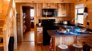 Eine kompakte Holzhütte mit Küchenbereich, inklusive Mikrowelle, Herd und Spüle.