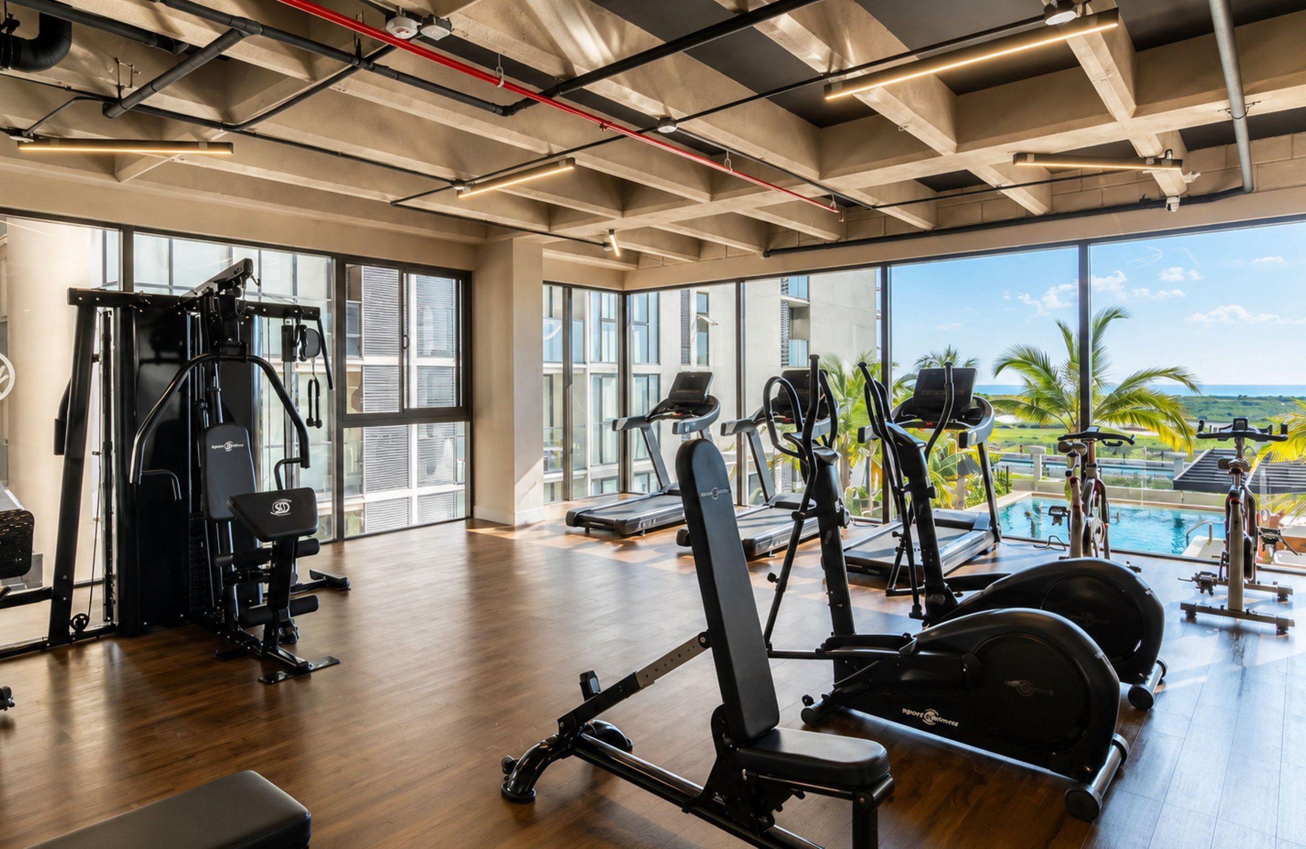 Ein Fitnessraum mit Trainingsgeräten, großen Fenstern und Blick auf einen Pool und Palmen.