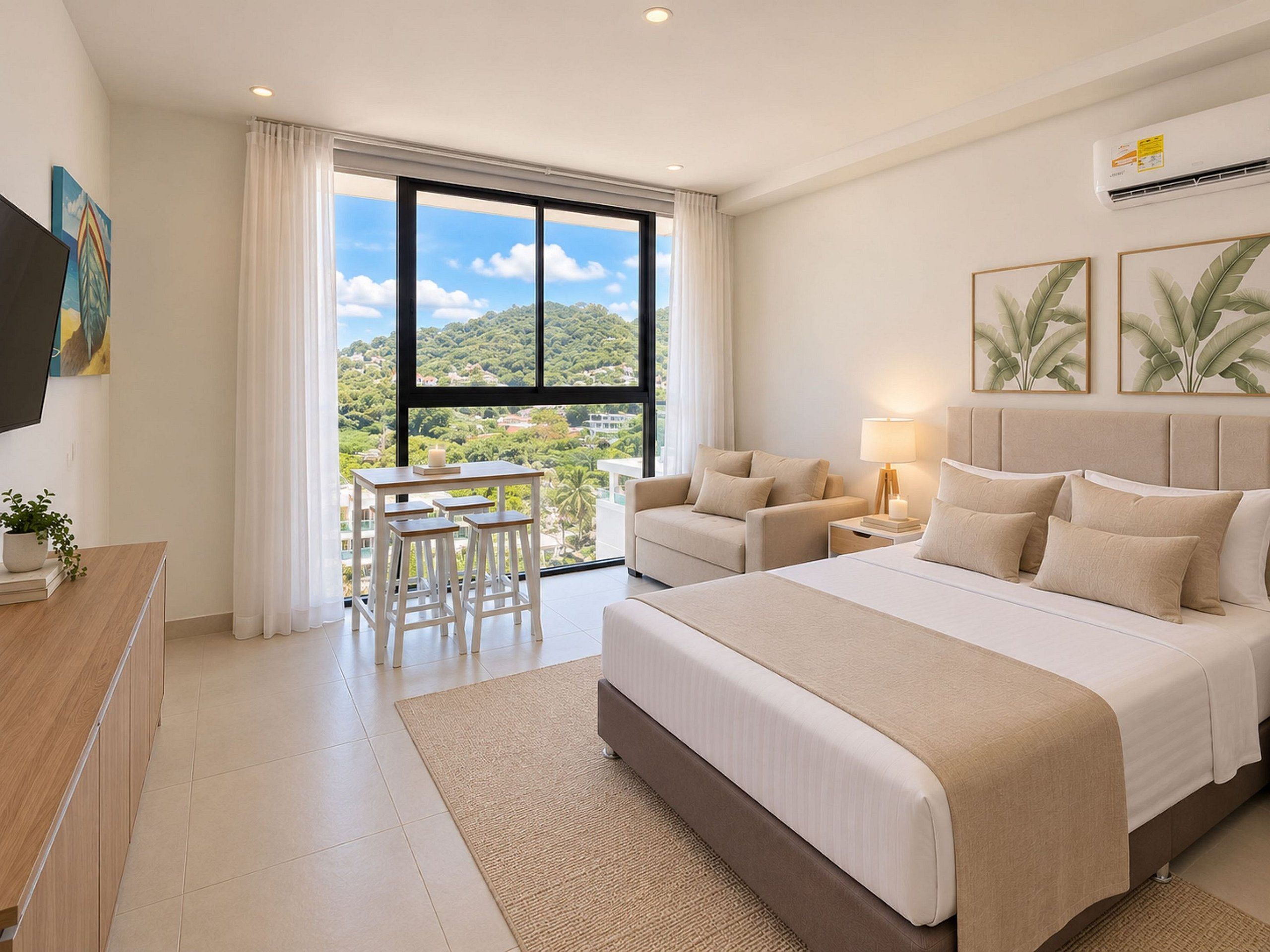 A hotel room with a large bed, a sofa, a desk with stools, and a view of the outdoors.