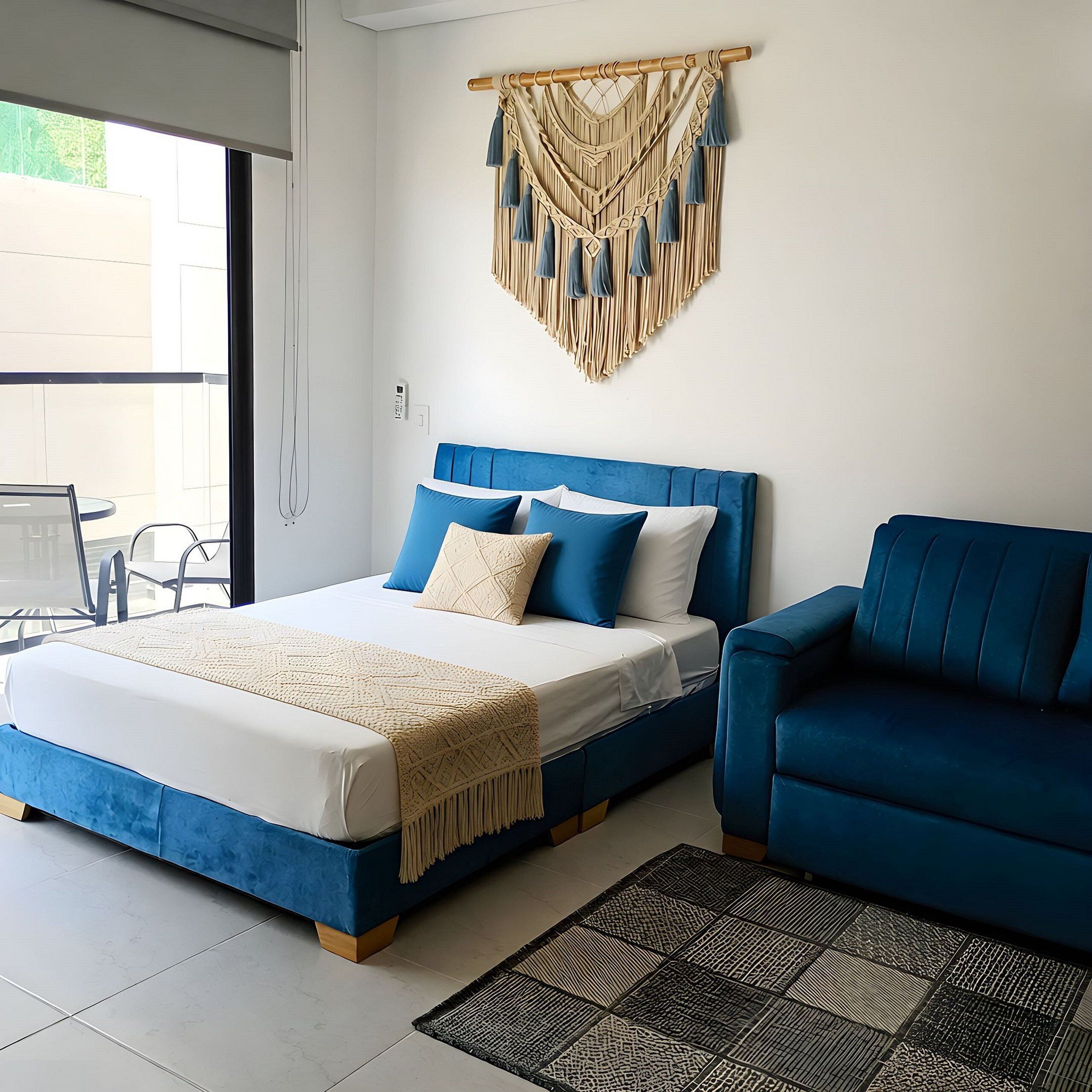 Une chambre moderne avec un lit, un canapé bleu, une décoration murale en macramé et une vue à travers une porte vitrée.