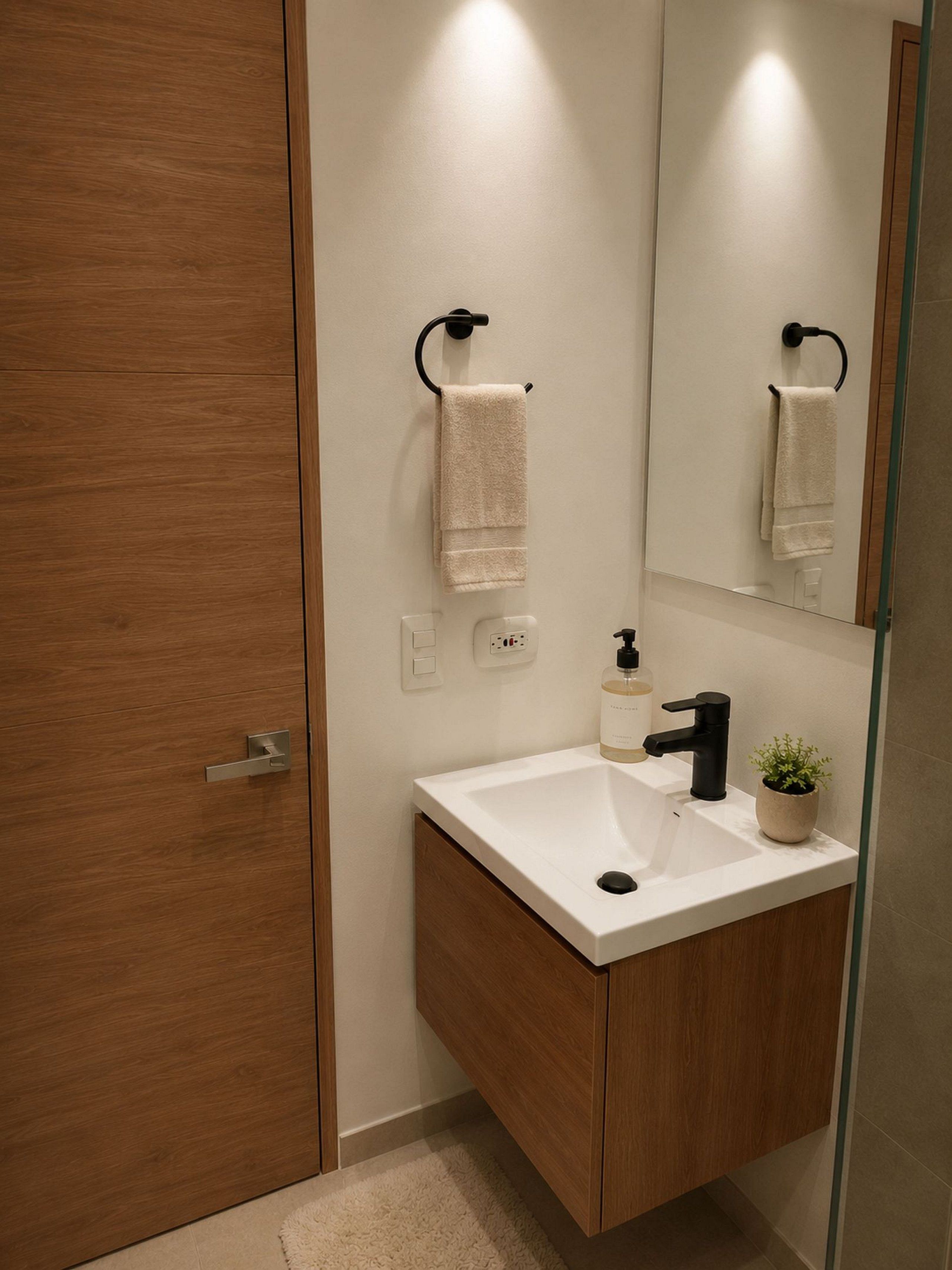 Een moderne badkamer met een houten wastafelmeubel, een witte wastafel, een zwarte kraan, een handdoek aan een zwarte handdoekhouder en een kleine pot met een plantje.
