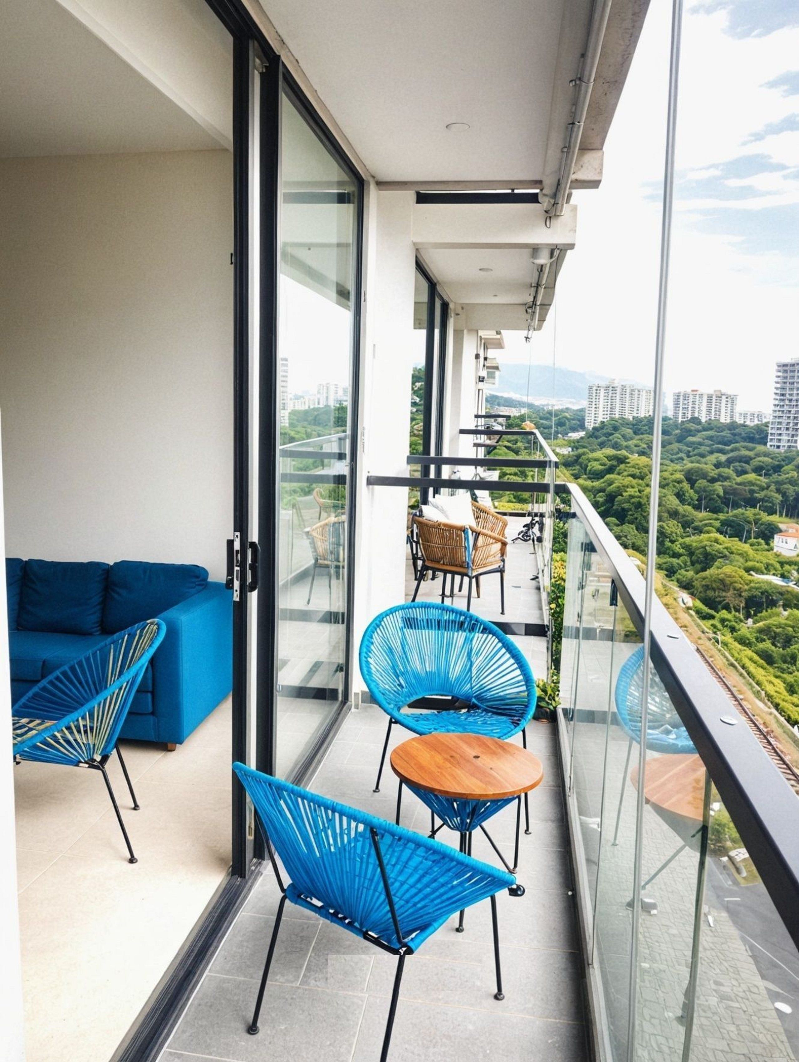 A balcony with a blue sofa, blue chairs, and a small wooden table.