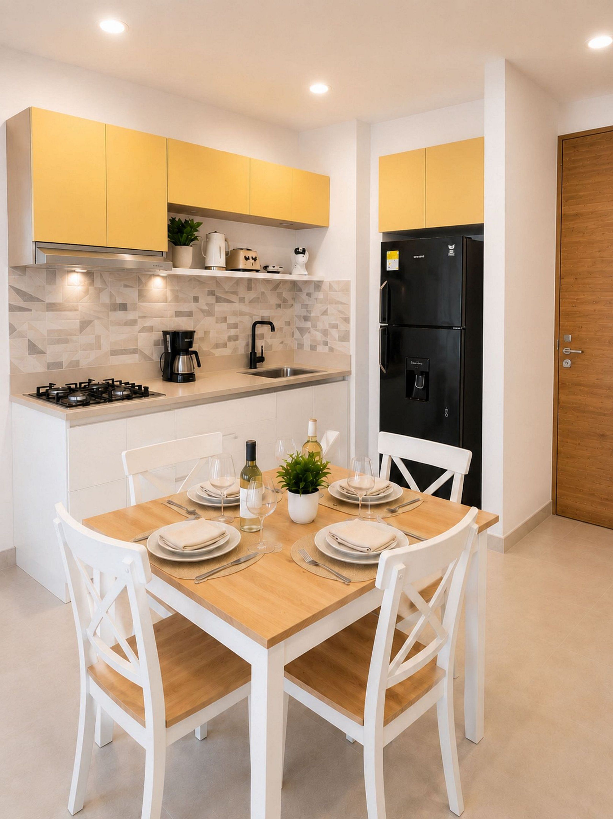 A modern kitchen with yellow cabinets, a black refrigerator, and a dining table set for four.