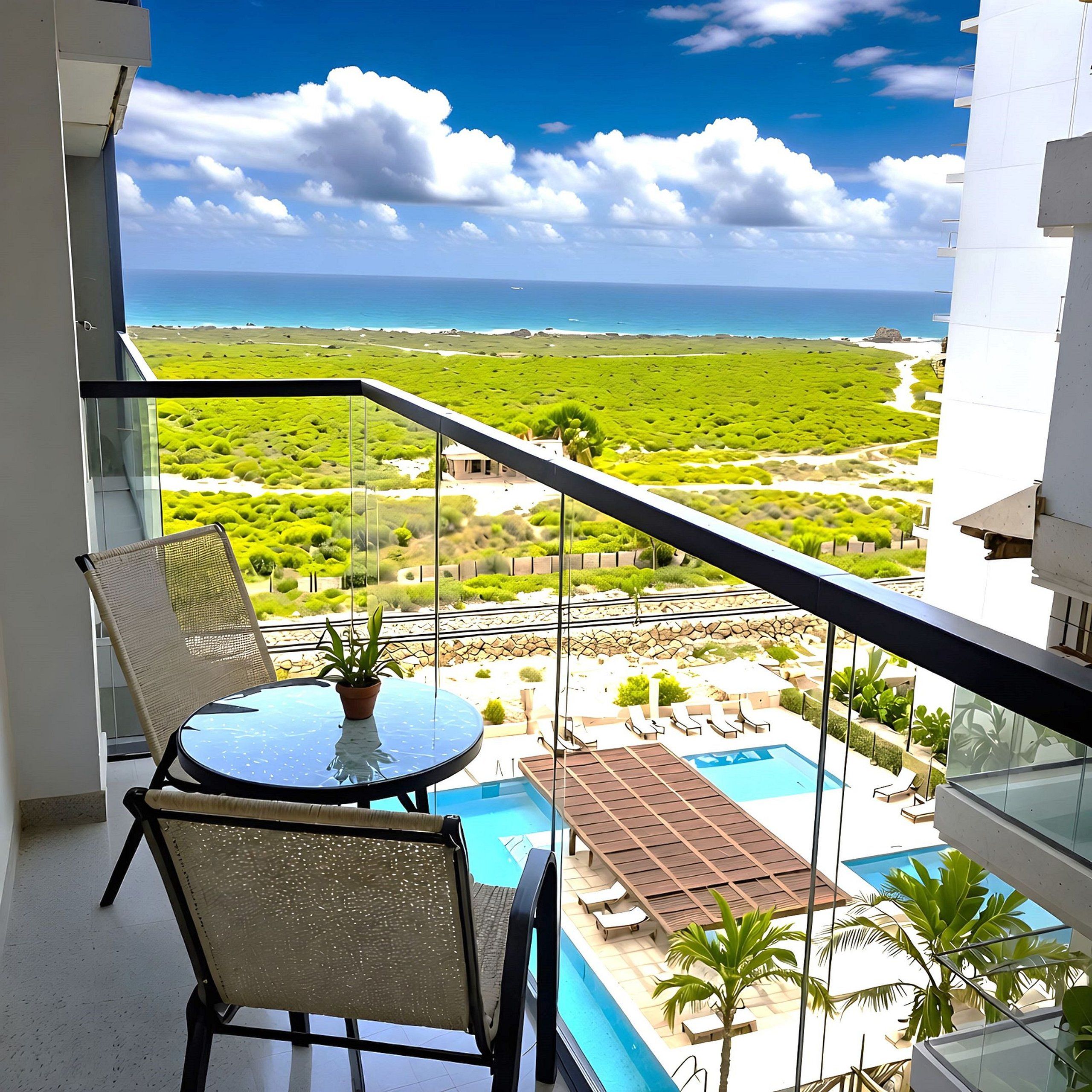 Un balcon avec vue sur une piscine et un paysage.