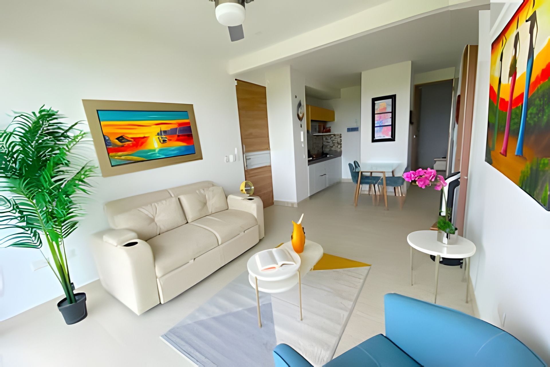 A modern living room with a beige sofa, a blue armchair, a coffee table, and a dining area with a table and chairs.