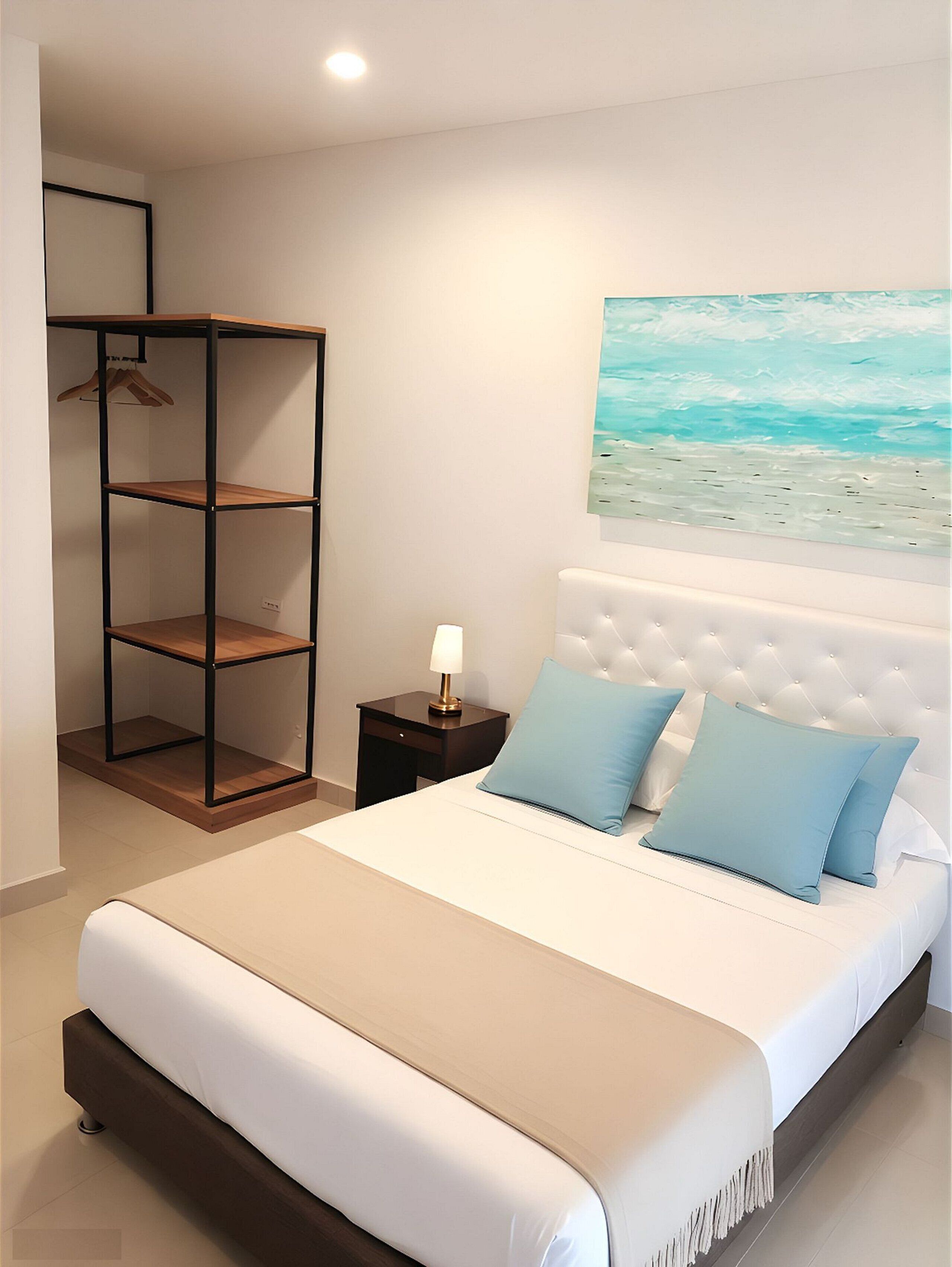 Une chambre à coucher comprenant un lit, une table de chevet, une étagère fixée au mur et un tableau.
