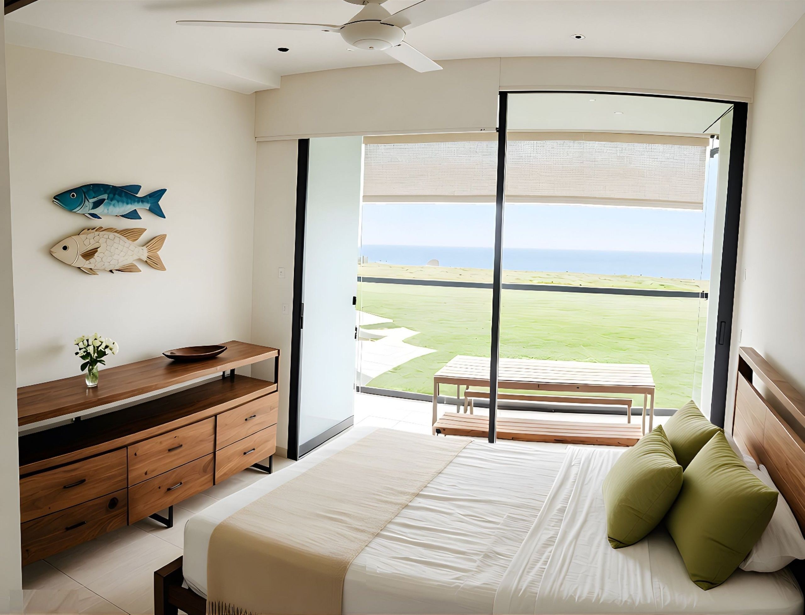 Una camera da letto con un letto, una cassettiera in legno, un tavolino con una ciotola, un vaso con fiori e vista sulla spiaggia attraverso un'ampia finestra.