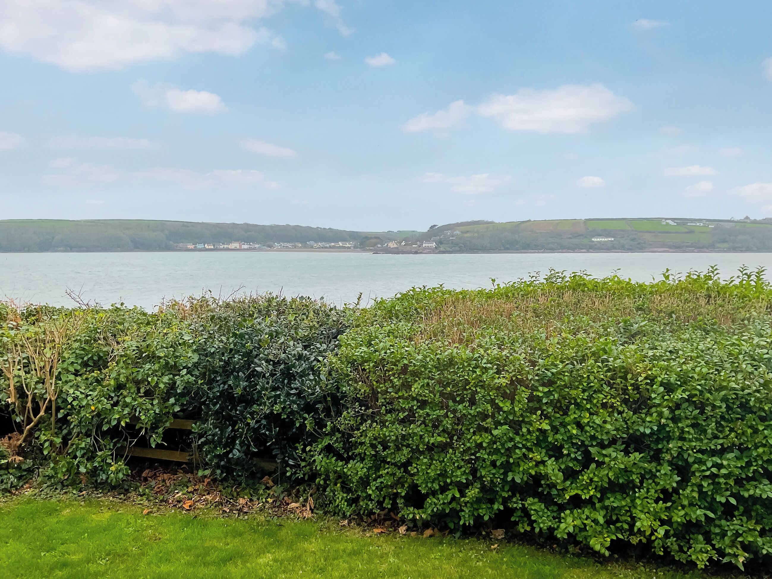 A coastal landscape with a grassy foreground, dense shrubbery, and a calm sea in the background.