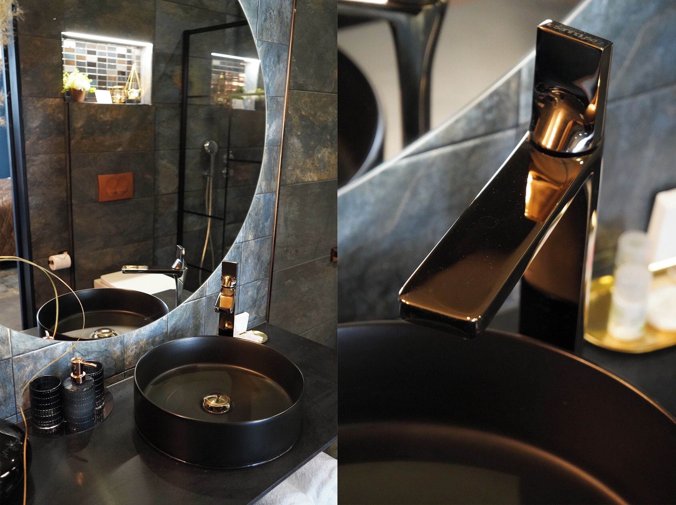 Ein modernes Badezimmer mit einem runden Waschbecken, einem Spiegel und einer Handbrause.