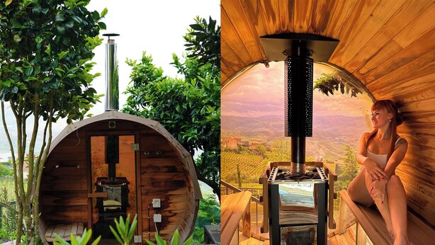 Una baita in legno con sauna, un pontile in legno e vista sulla campagna.