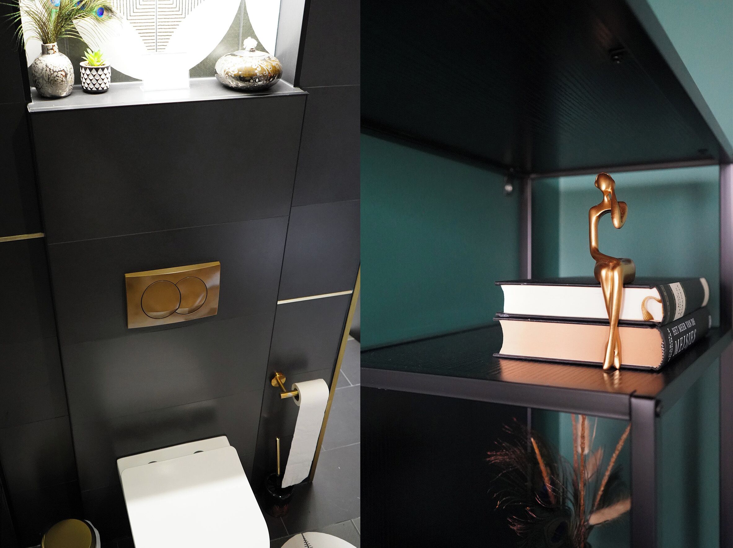 Une salle de bain moderne équipée de toilettes, d’un lavabo et d’une étagère où sont disposés des objets décoratifs.