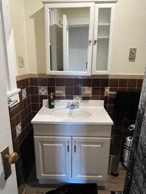 Secador de cabelo, toalhas de banho, sabonete, shampoo